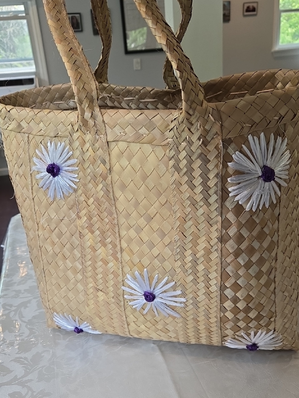 Handwoven Straw Tote Bag with White Daisy Accents Large